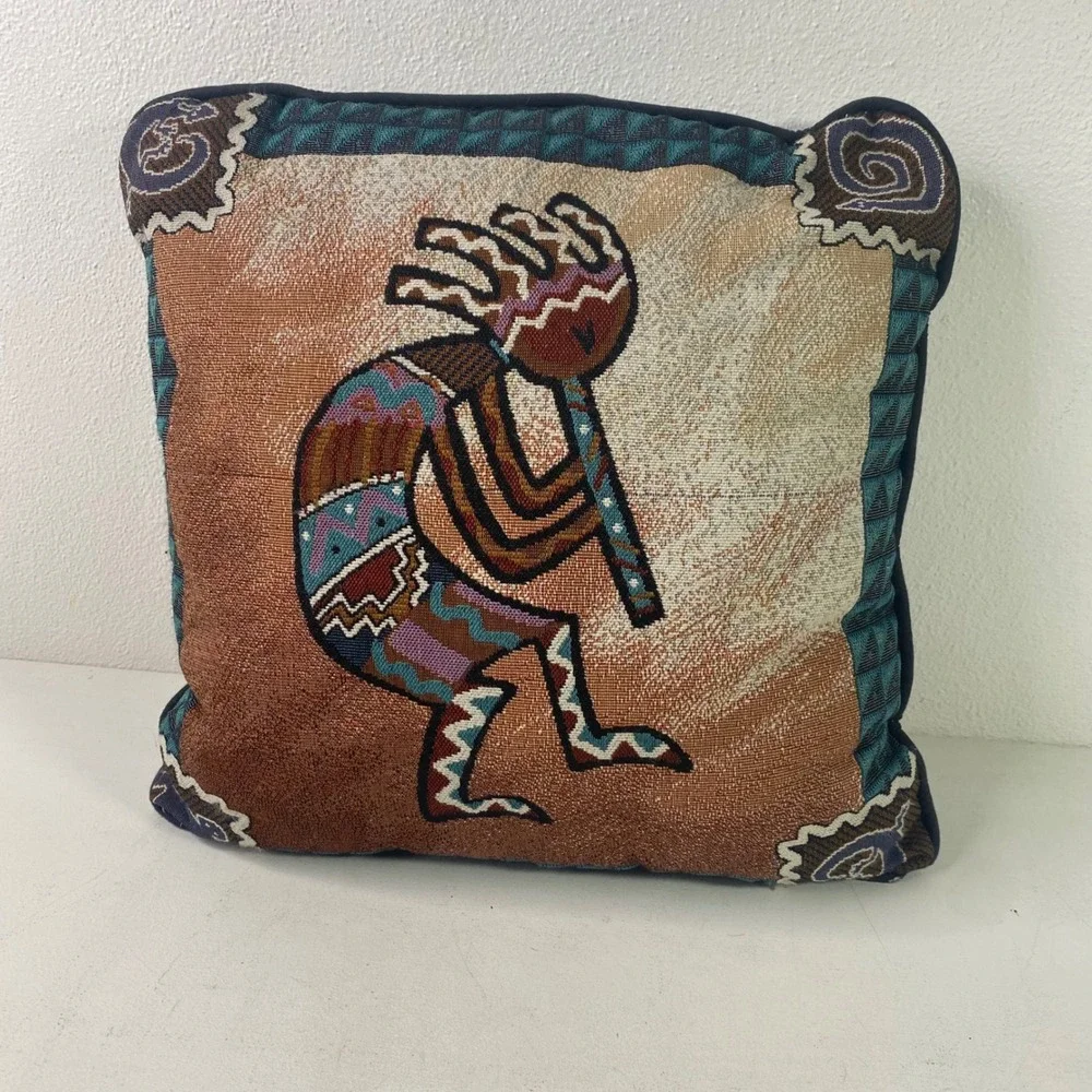 Southwestern Kokopelli Tapestry Throw Pillow Woven Flute Player Fertility Dancer